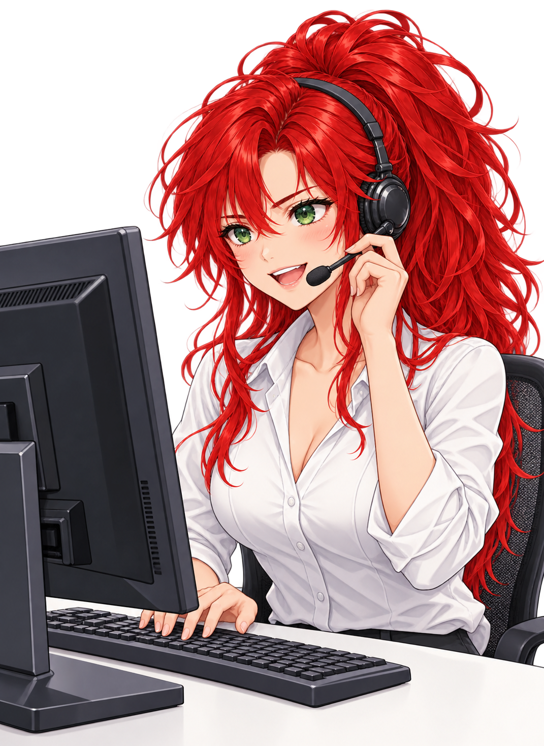 Hirka som supportmedarbeider med headset, mikrofon og dataskjerm.